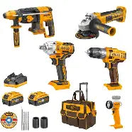 Ingco 5-in-1 Cordless Super Kit (Brushless) - Rotary Hammer, Grinder, Impact Drill, Wrench, Lamp - 20V 4.0Ah/طقم عدة إنجكو العملاق 5 في 1 (محركات براشلس) - هيلتي، صاروخ، مقدح، انتريك، وضوء - 20 فولت